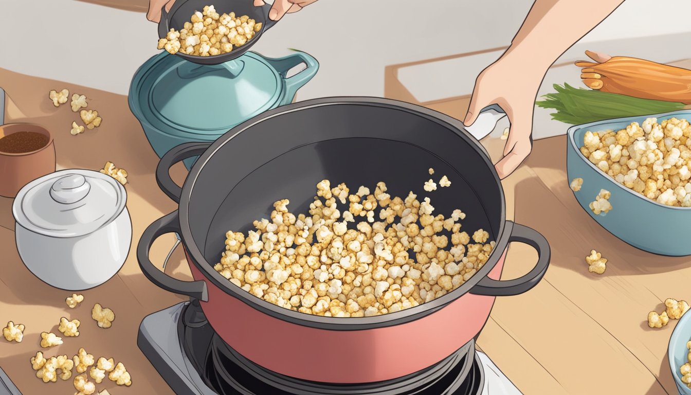 A person pouring leftover popcorn into a pot and adding seasoning before heating it on the stove