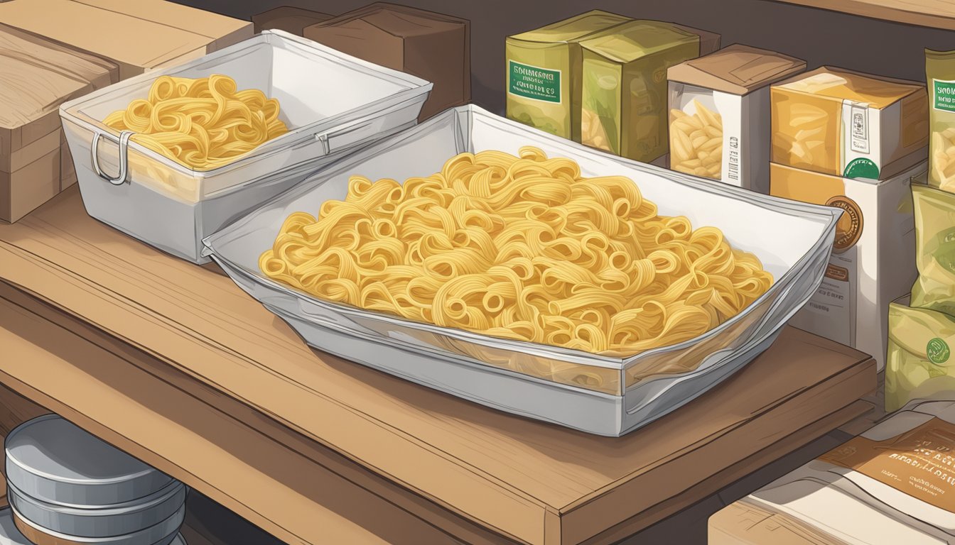 A bag of egg noodles sits on a kitchen shelf, surrounded by other dry goods. The packaging is unopened and the noodles are still in their original form