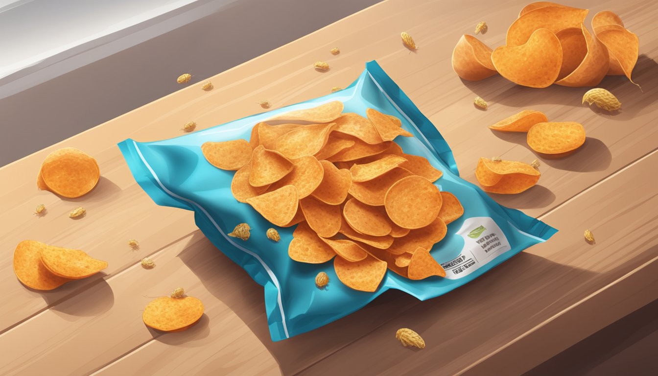 A bag of sweet potato chips sits open on a countertop, surrounded by flies and emitting a foul odor