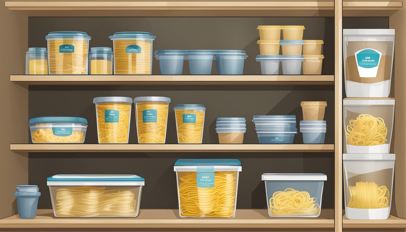 A pantry shelf with a package of egg noodles, a best-by date label, and a chart of storage guidelines