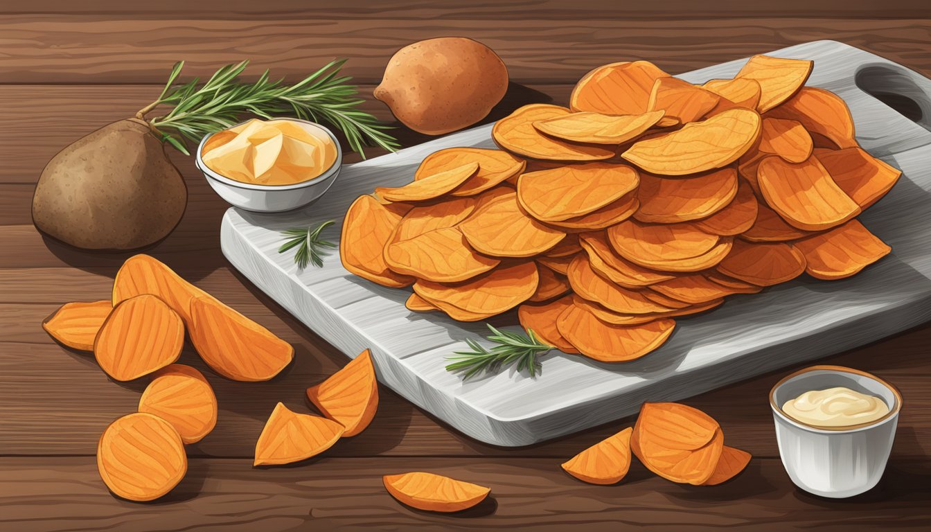 A colorful assortment of sweet potato chips arranged on a wooden cutting board, surrounded by fresh sweet potatoes and a sprig of rosemary