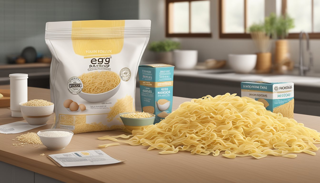 A package of egg noodles sits on a kitchen counter, surrounded by other dry goods. The expiration date is clearly printed on the packaging