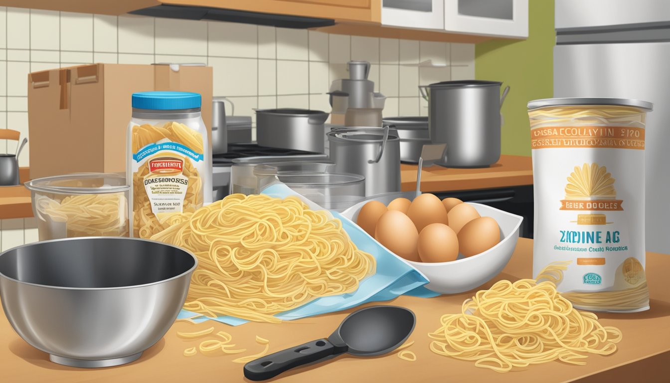 A package of egg noodles sits on a kitchen counter, surrounded by other dry goods and cooking utensils. The expiration date on the package is clearly visible