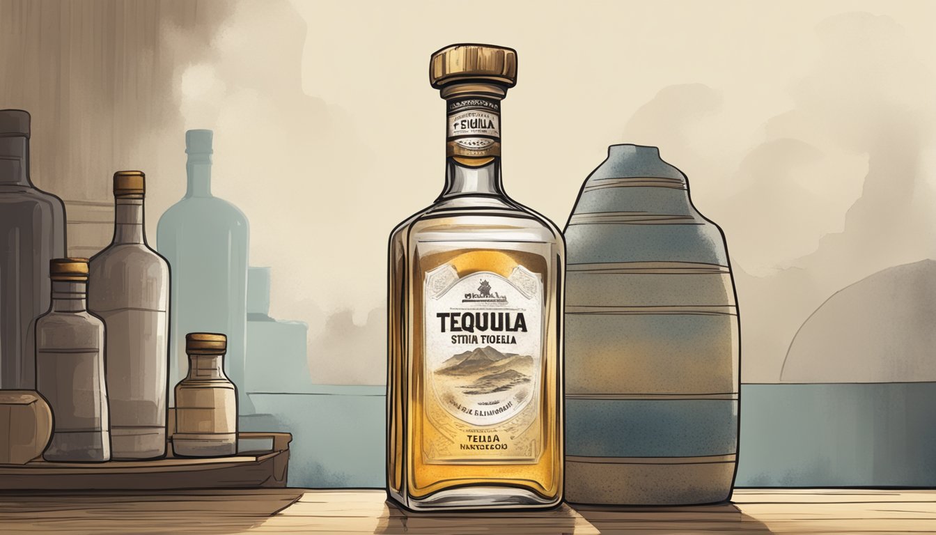 A half-empty bottle of tequila sits on a dusty shelf, its label peeling and stained. The liquid inside appears cloudy and discolored, with a faint odor of vinegar