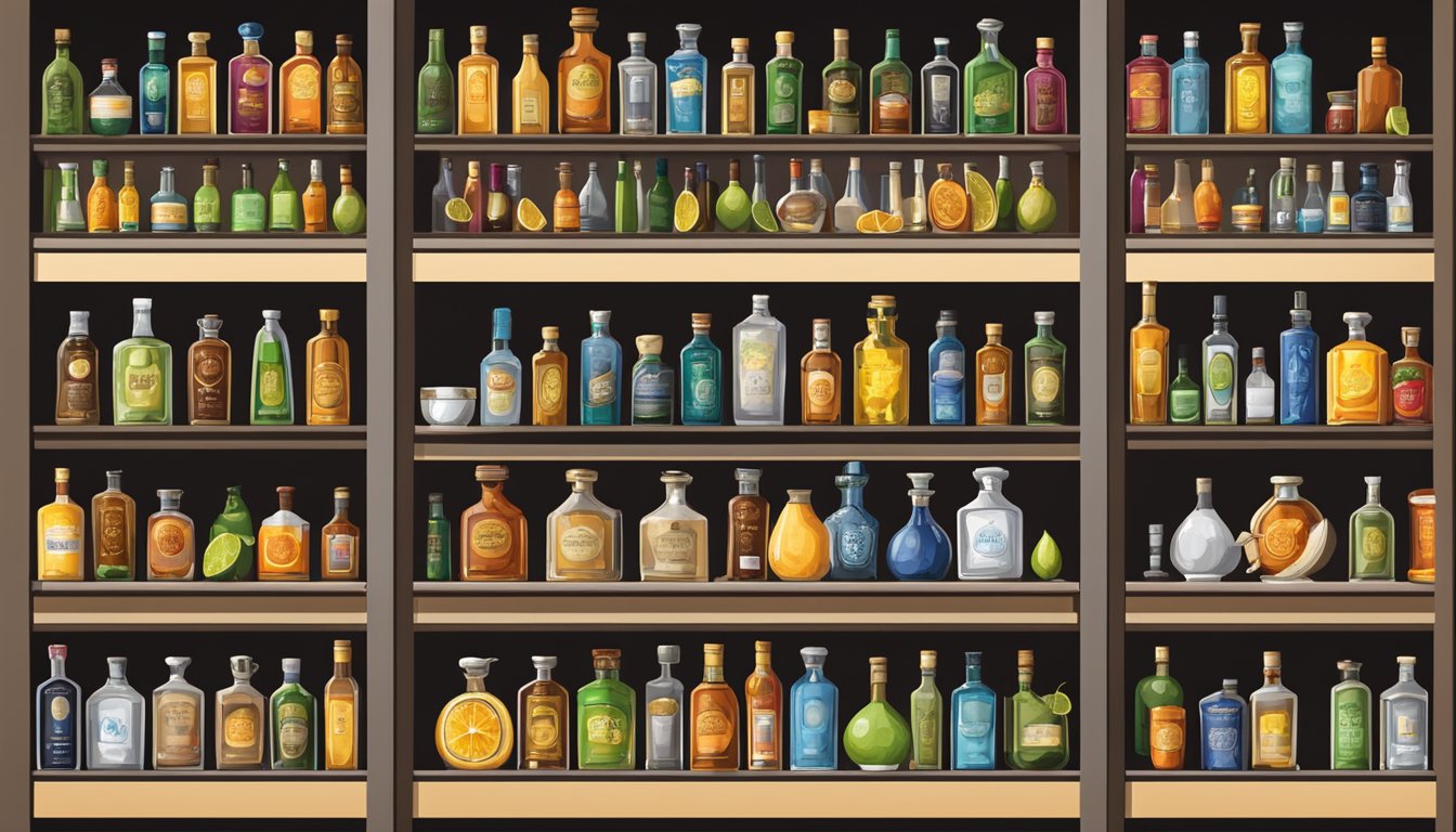 A well-stocked bar shelf with a variety of tequila bottles, accompanied by citrus fruits and salt, displayed in an organized and visually appealing manner