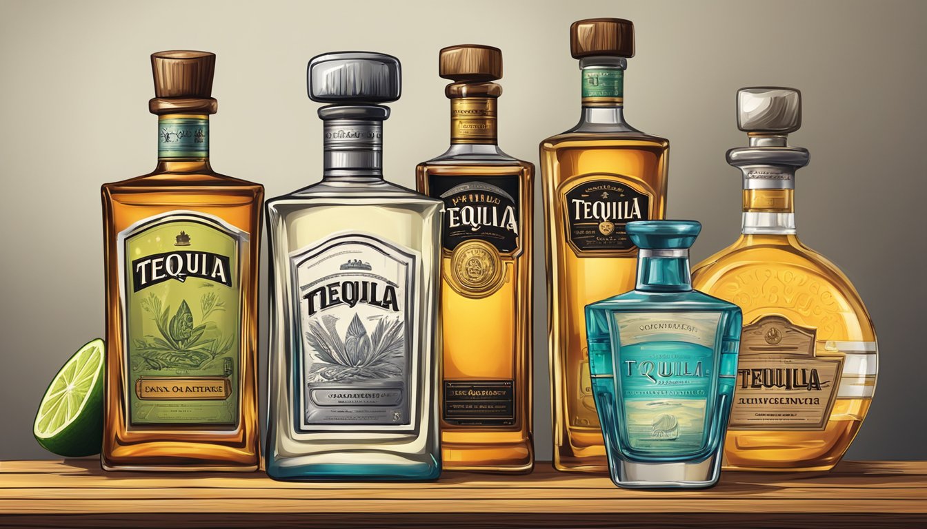 A bottle of tequila stands alongside various other spirits on a wooden bar shelf, with an air of confidence and distinction