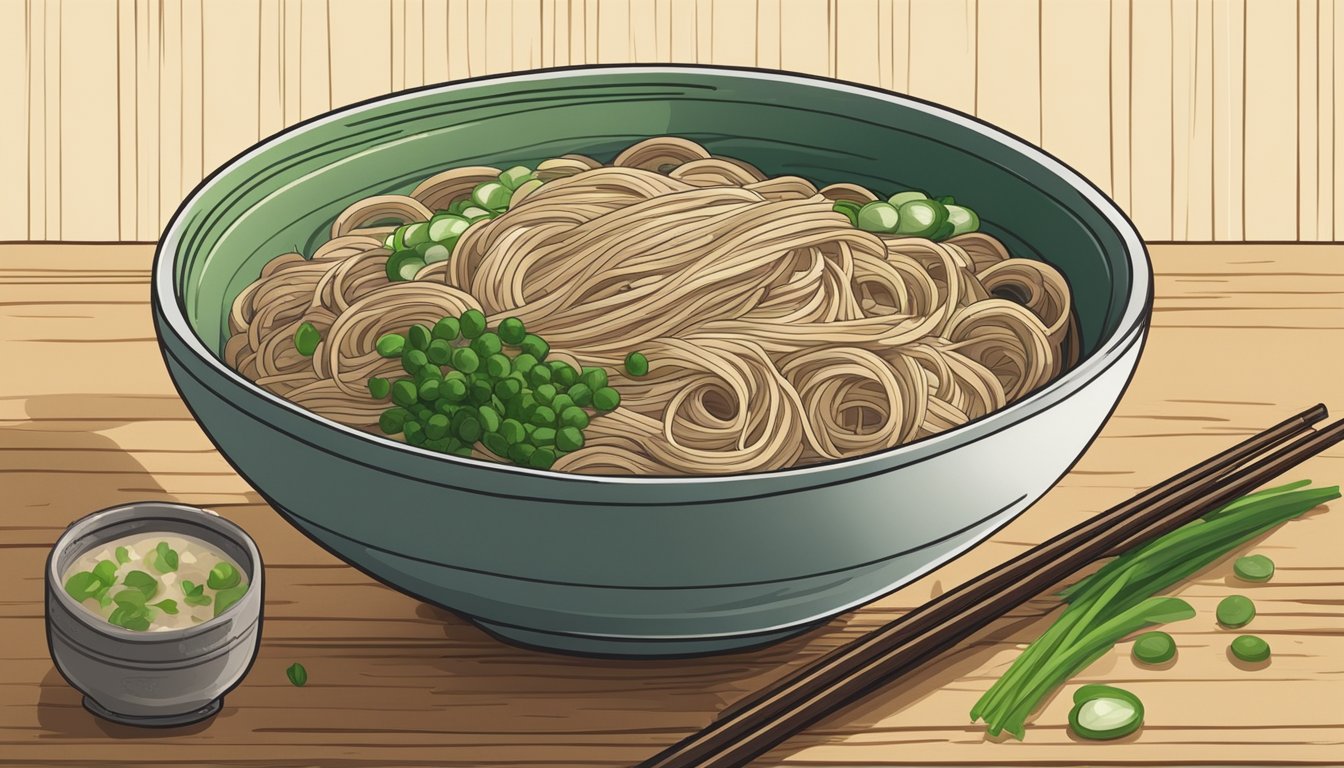 A bowl of fresh soba noodles sits on a wooden table, surrounded by ingredients like green onions and sesame seeds. A subtle steam rises from the noodles, indicating their warmth