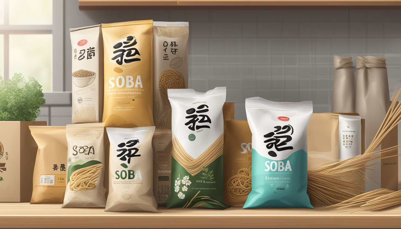 A package of unopened soba noodles sits on a kitchen shelf, surrounded by other dry goods