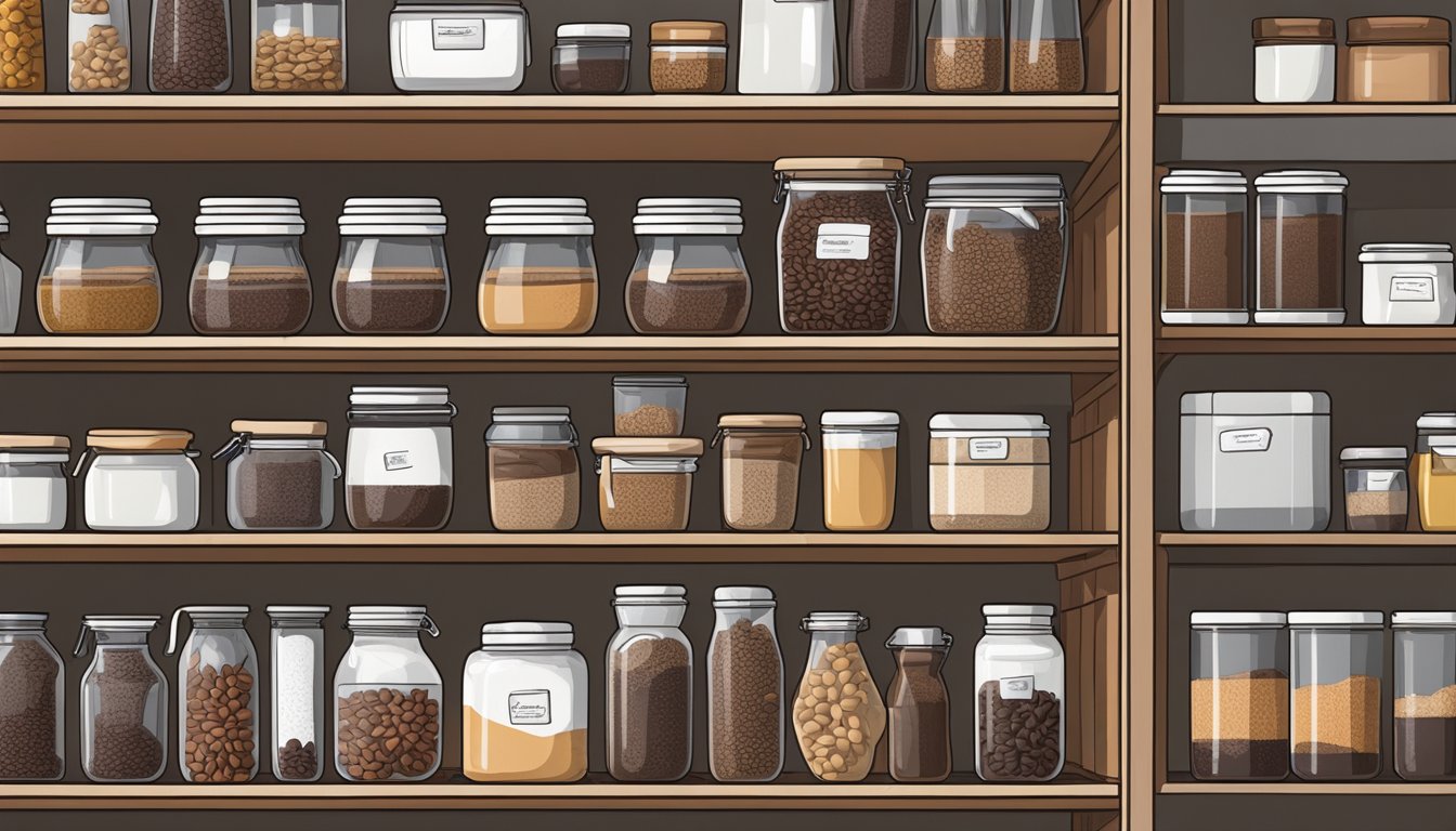 A shelf with various coffee preservation methods: vacuum-sealed bags, airtight containers, and temperature-controlled storage