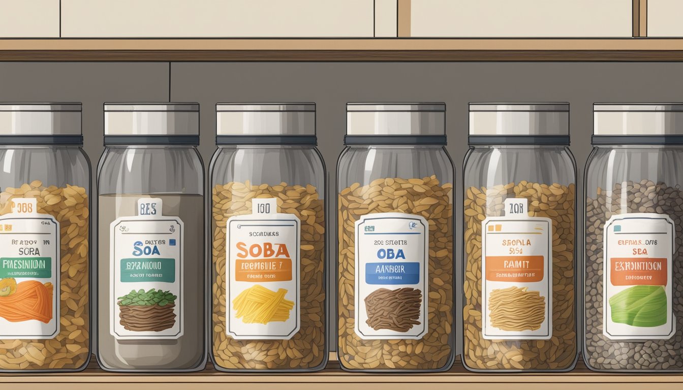 A pantry shelf with sealed bags of soba noodles, airtight containers, and labeled expiration dates