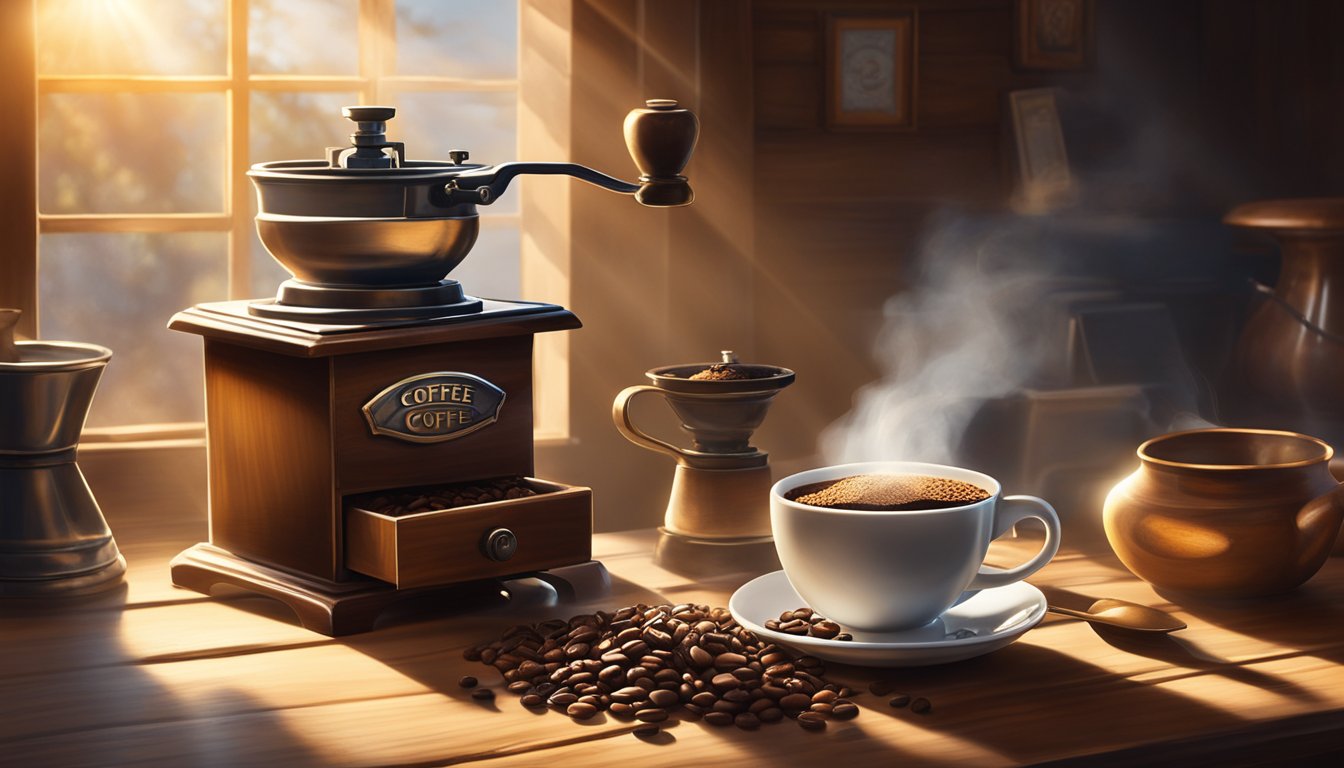 A steaming cup of coffee sits on a rustic wooden table, surrounded by bags of freshly ground beans and a vintage coffee grinder. Sunlight streams through a nearby window, casting a warm glow over the scene