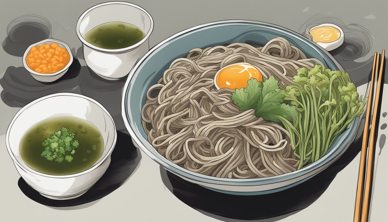 A bowl of soggy, discolored soba noodles with a foul odor, surrounded by moldy vegetables and a cloudy, off-colored broth