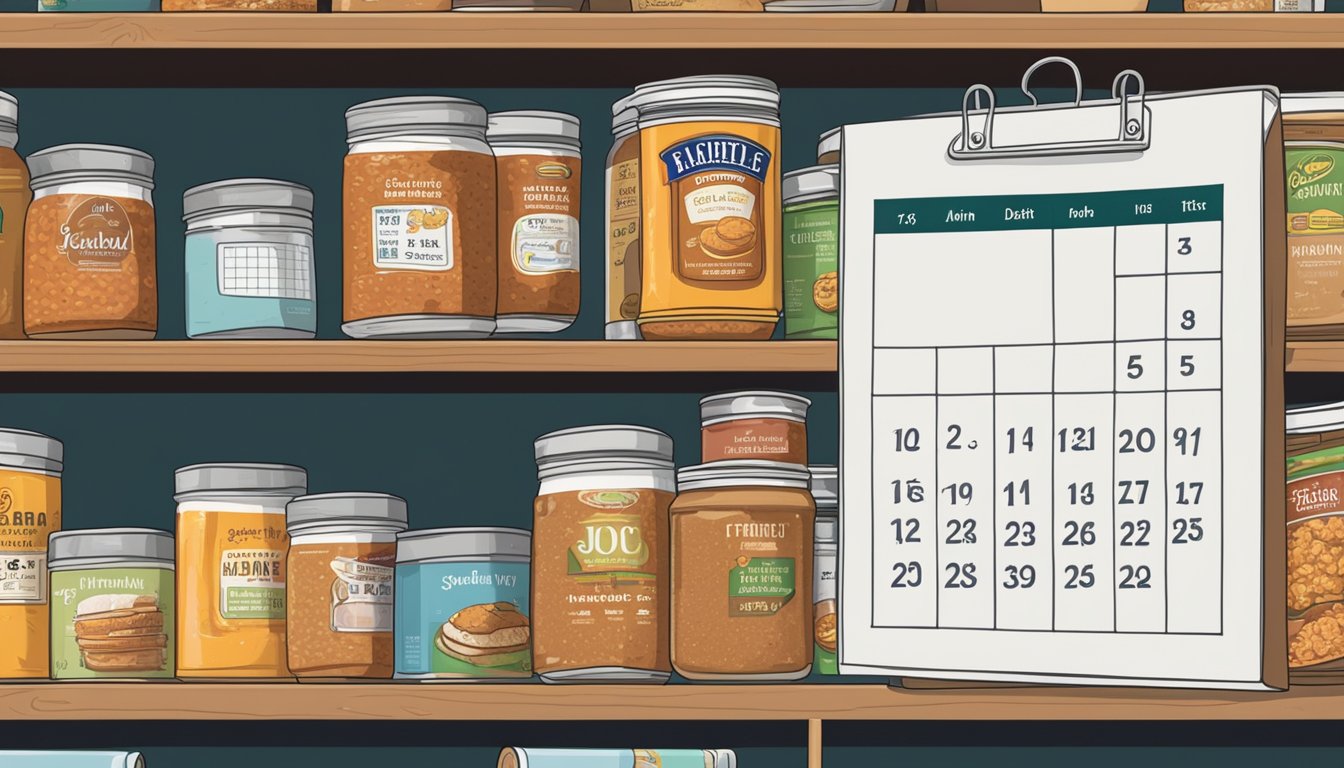 A pantry shelf with expired canned sloppy joe mix next to a calendar showing the current date