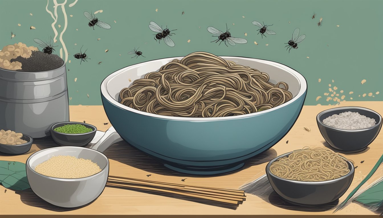 A bowl of soba noodles left out on a kitchen counter, surrounded by flies and with a foul odor emanating from it