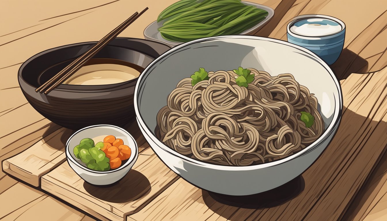 A bowl of uncooked, dry soba noodles sits on a wooden cutting board next to a pile of fresh vegetables and a bottle of soy sauce