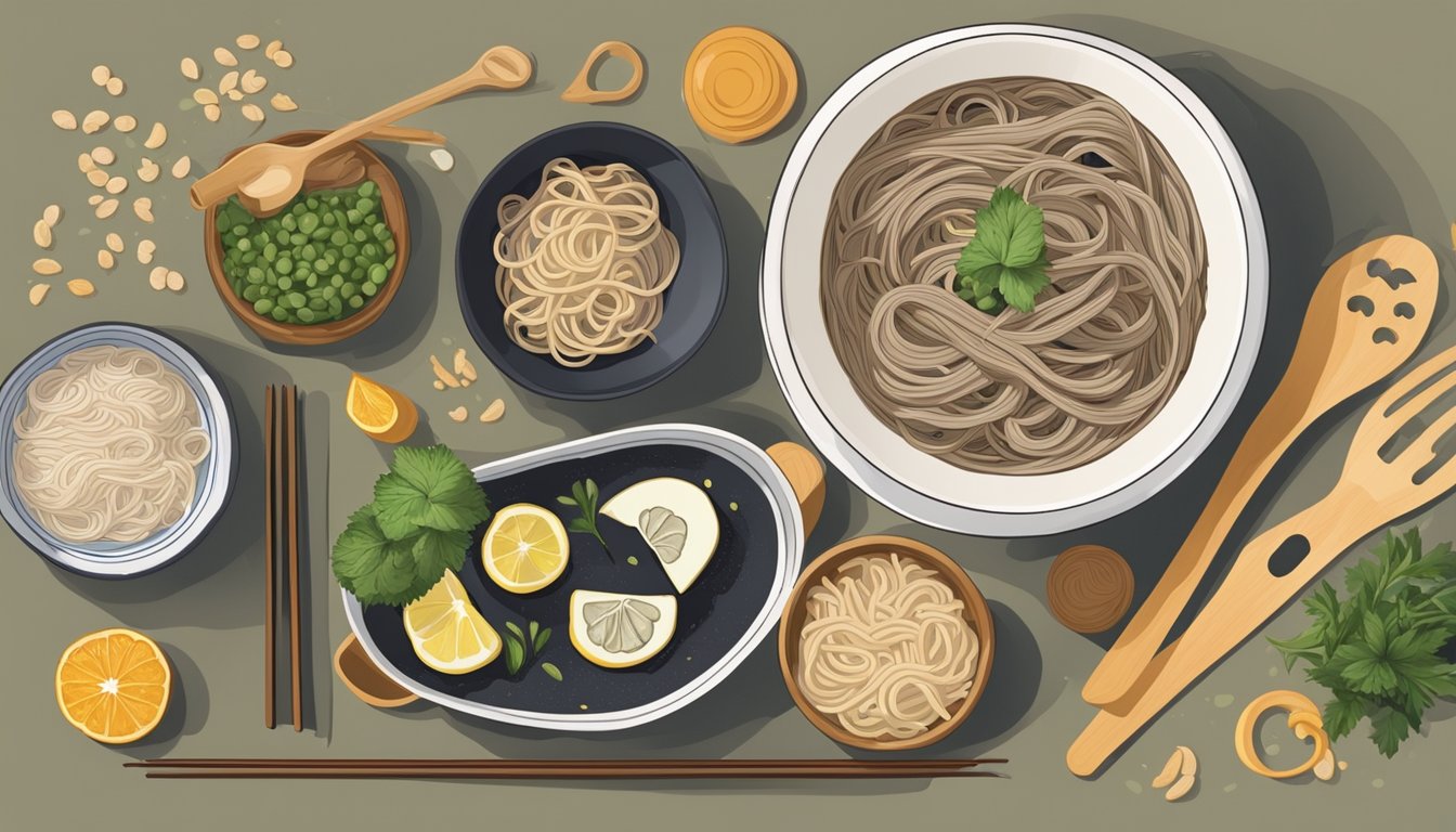 A bowl of uncooked soba noodles with a question mark hovering above them, surrounded by various ingredients and kitchen utensils