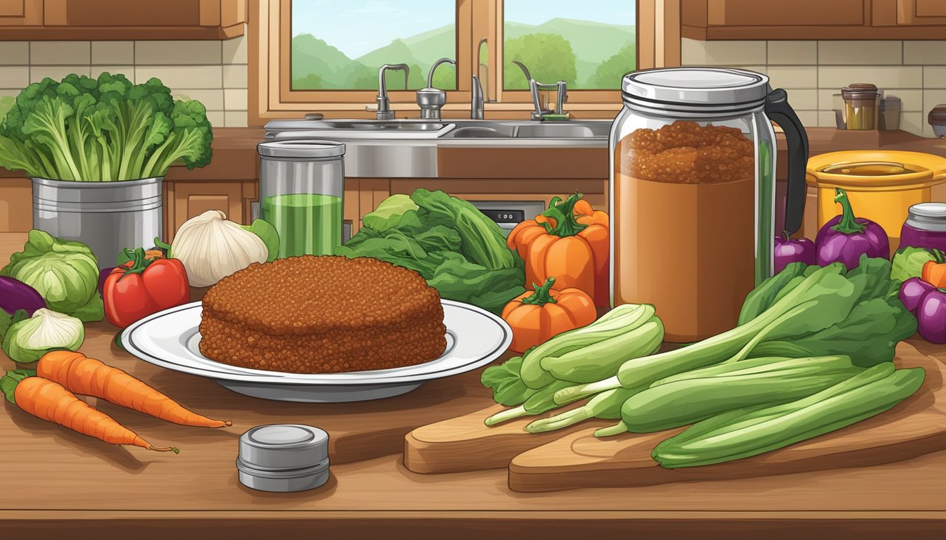 A kitchen counter with an open can of sloppy joe mix, surrounded by fresh vegetables and a measuring cup