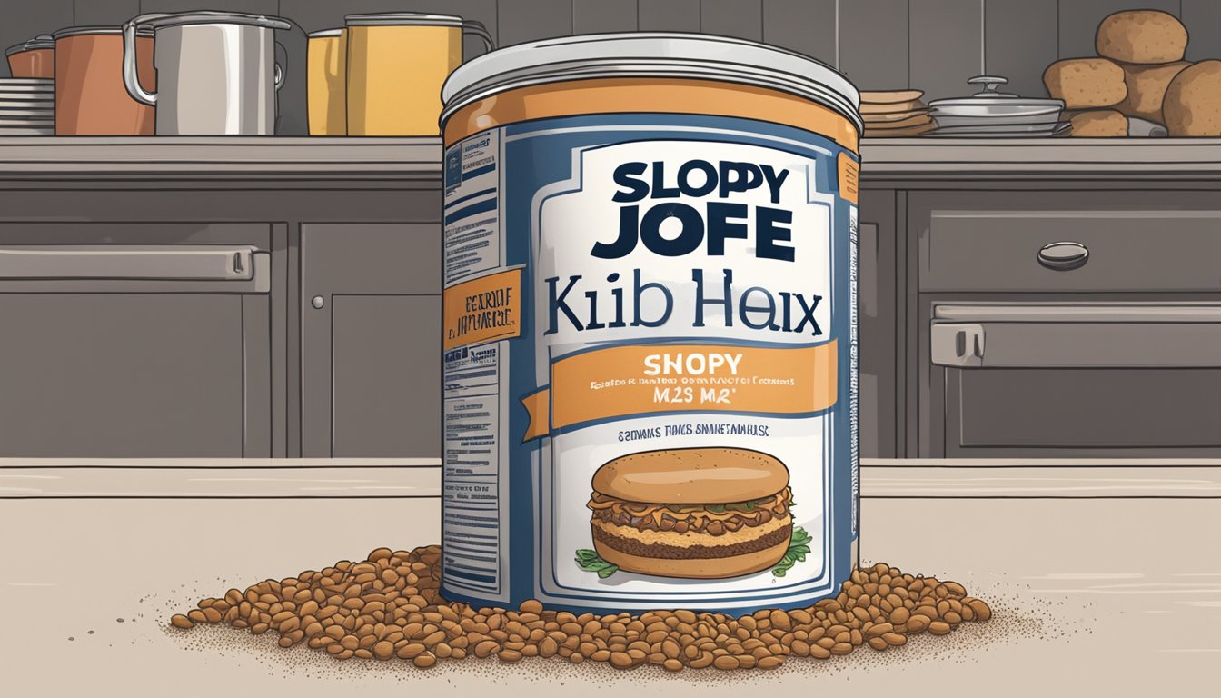 A can of sloppy joe mix sits on a kitchen shelf, surrounded by expired food items. Dust gathers on the can as its expiration date passes