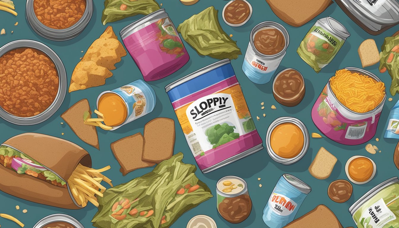 A can of sloppy joe mix surrounded by various expired food items in a landfill