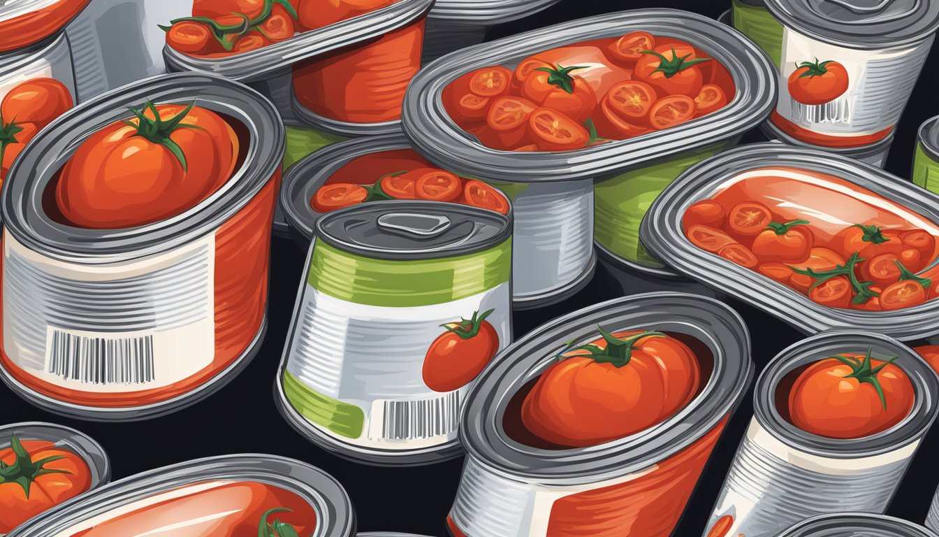 A stack of canned tomatoes with varying expiration dates, some crushed, on a pantry shelf