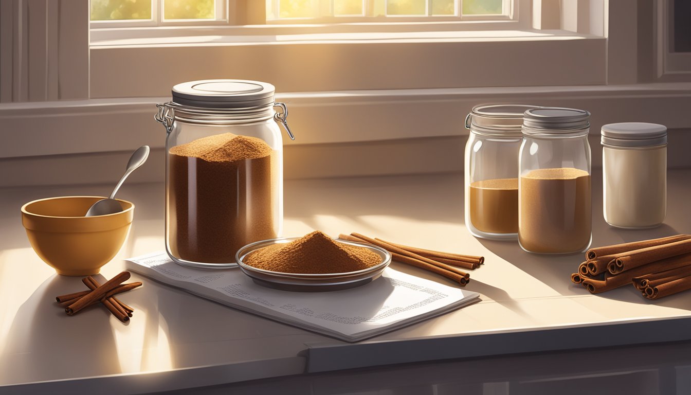 A jar of cinnamon sits on a kitchen counter, surrounded by measuring spoons and a recipe book. Sunlight streams through the window, casting a warm glow over the scene