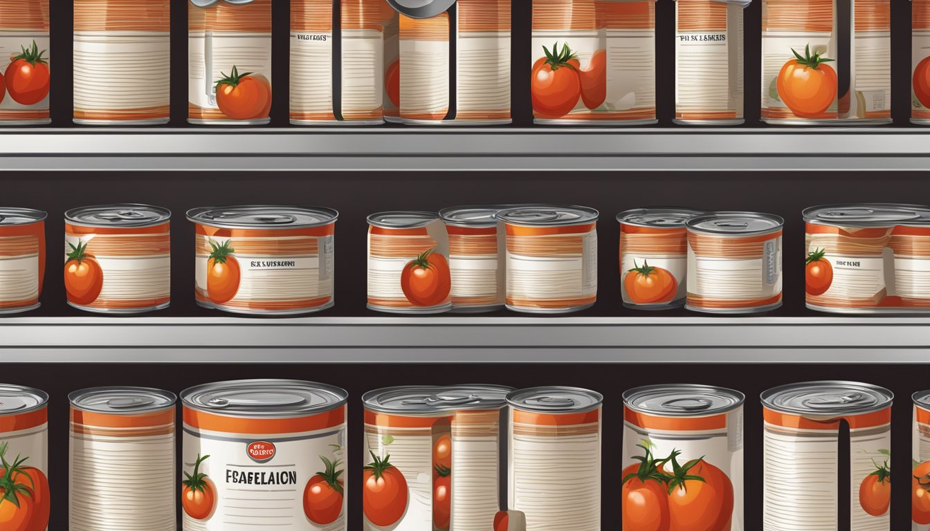 Canned tomatoes on a shelf with expiration date label