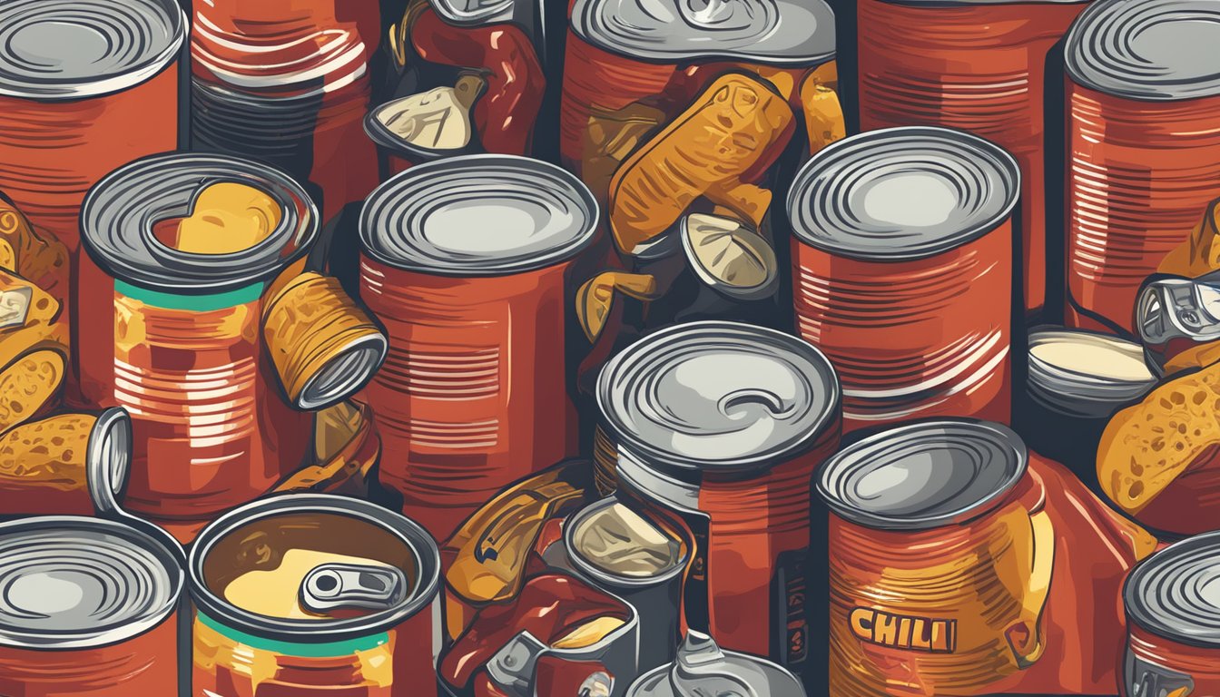 A can of chili con carne surrounded by various expiration dates and a question mark