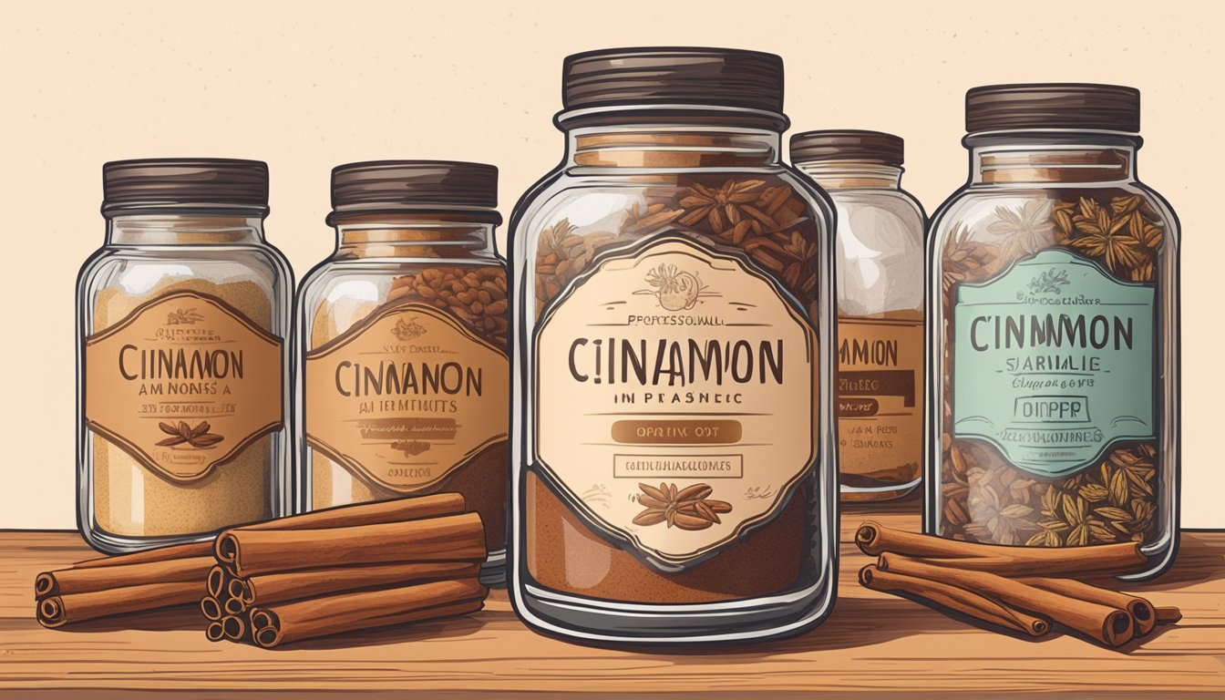 A jar of cinnamon sits on a shelf, surrounded by other spices. The label is faded, but the contents appear dry and aromatic