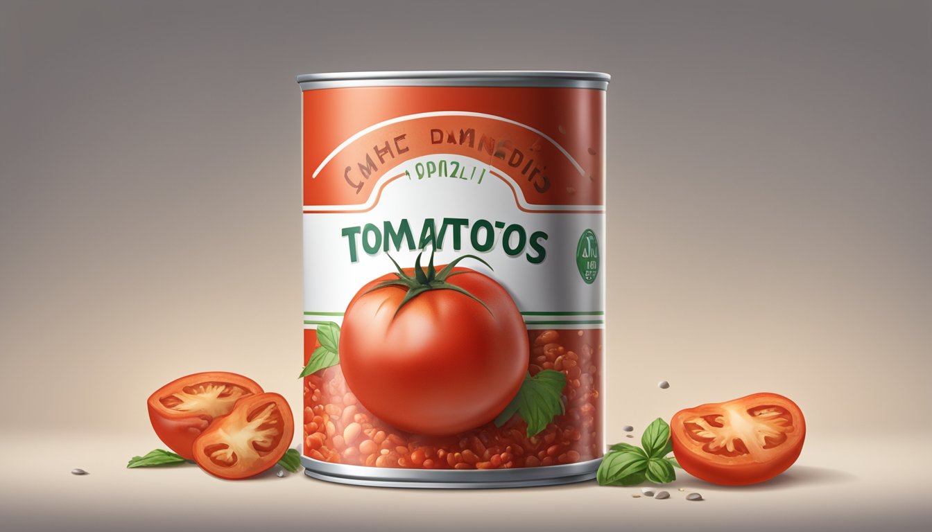 A can of crushed tomatoes with a crumpled expiration date label, surrounded by scattered tomato seeds and a faint moldy odor