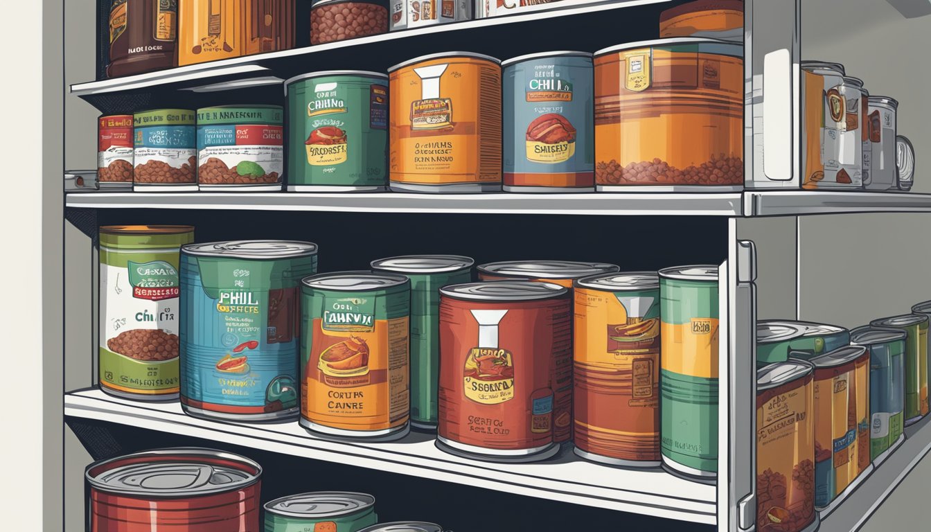 A can of chili con carne sits on a pantry shelf, surrounded by other canned goods. The label displays an expiration date, and a can opener rests nearby