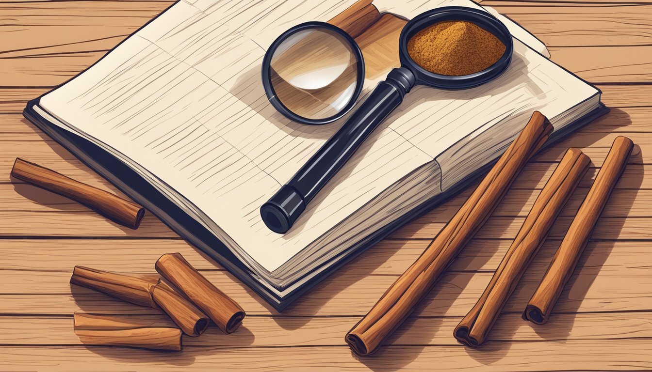 A pile of cinnamon sticks and powder on a wooden table, with a magnifying glass and a notebook for evaluation