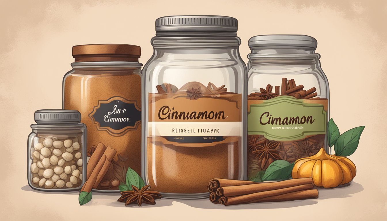 A jar of cinnamon sits on a kitchen shelf, surrounded by other spices and ingredients. The label is faded, and the lid is slightly rusted