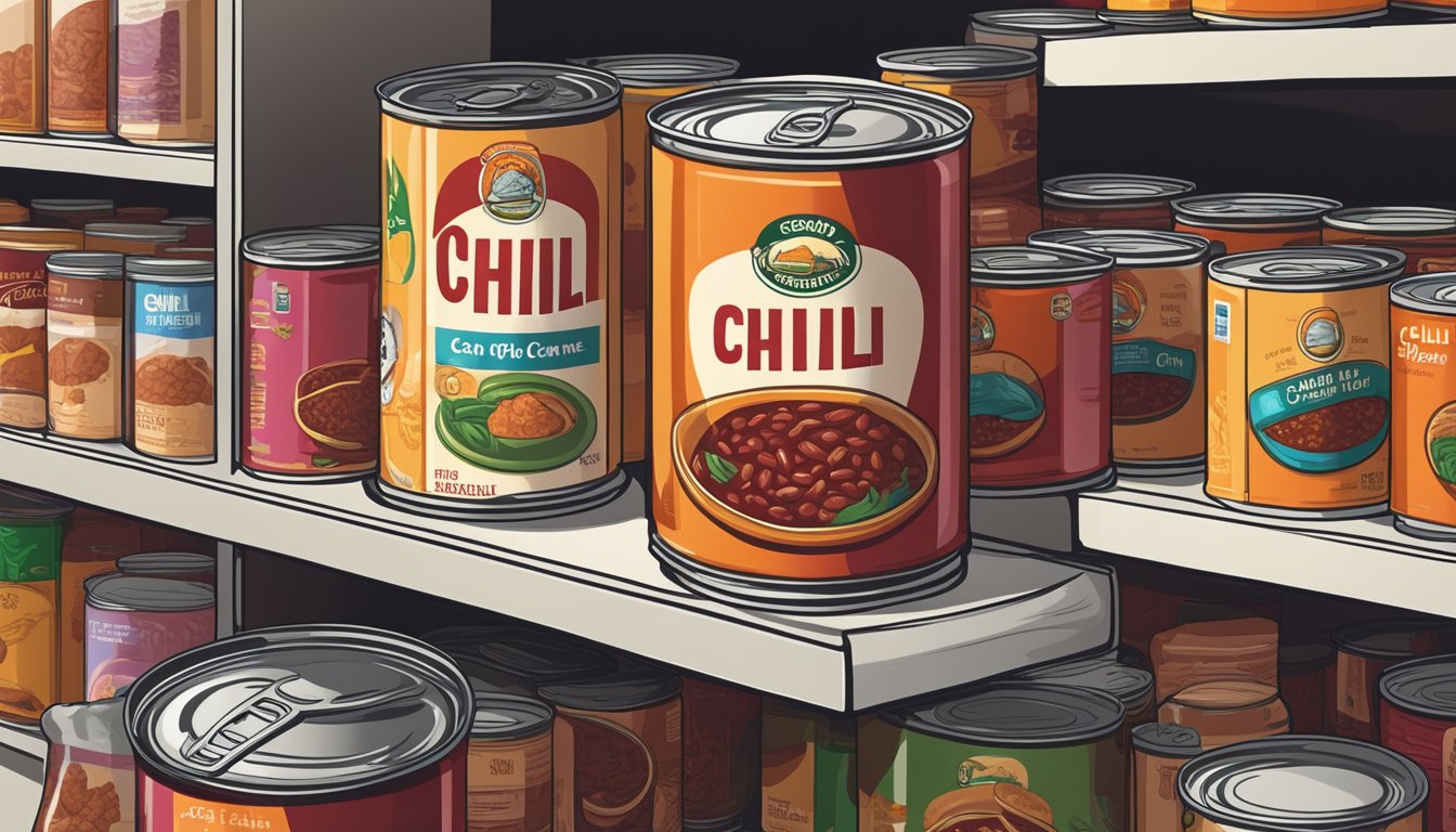 A can of chili con carne sits on a shelf, surrounded by other canned goods. The expiration date is clearly visible on the label