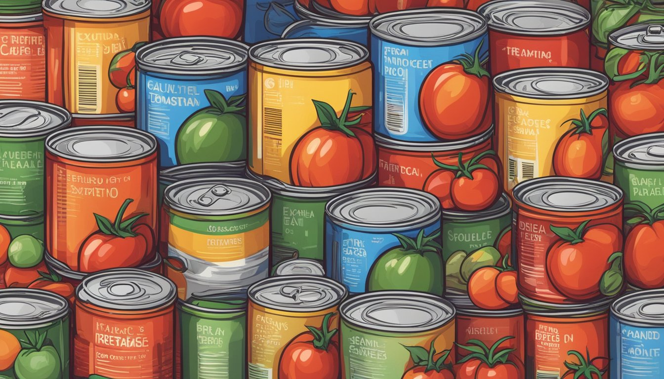 A variety of canned tomatoes, including whole, diced, and crushed, arranged on a shelf with expiration dates visible