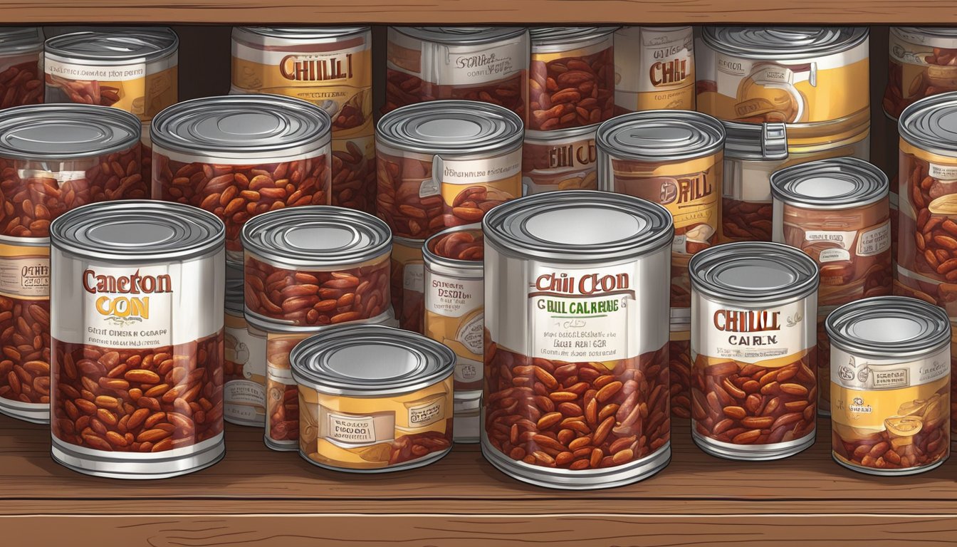 Canned chili con carne stored in a cool, dry pantry with labels facing out