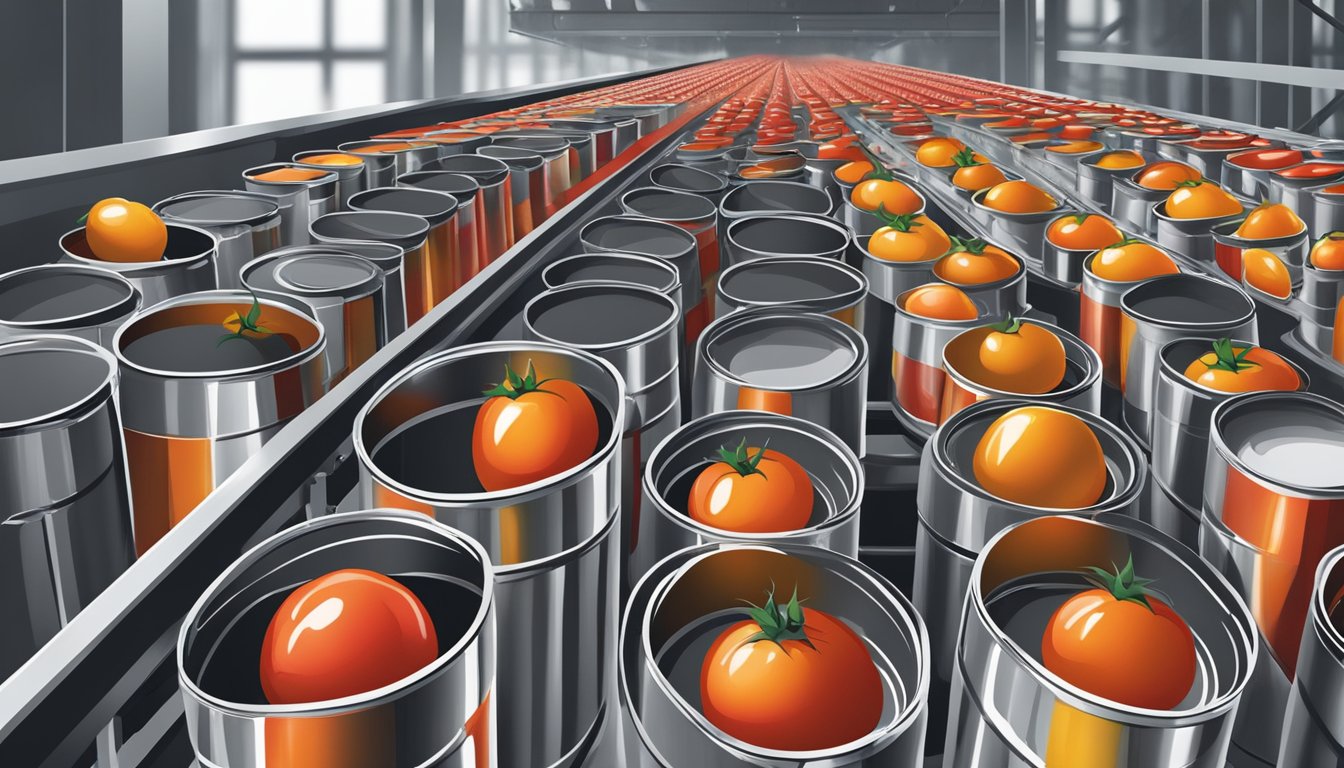 Ripe tomatoes being crushed and poured into cans on a conveyor belt, followed by the sealed cans moving through a commercial packaging line