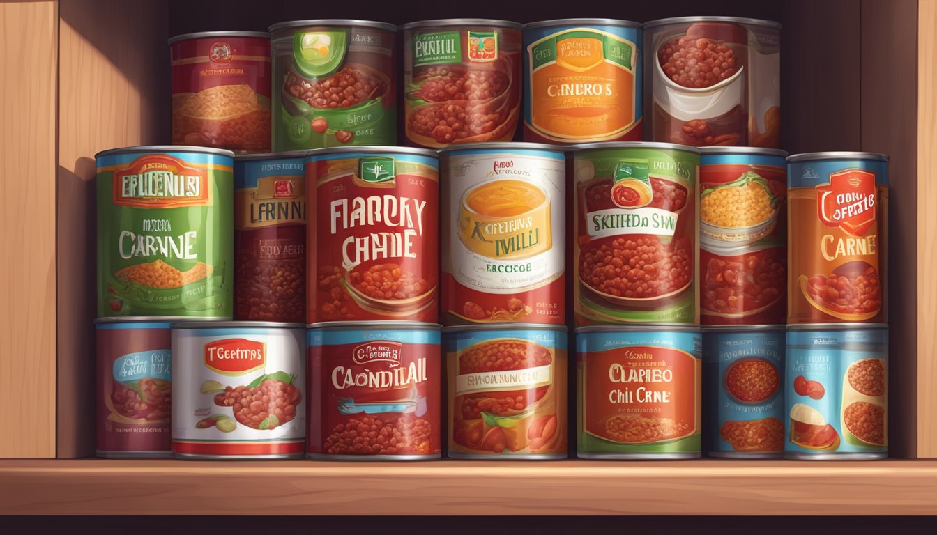 A pantry shelf with expired canned chili con carne