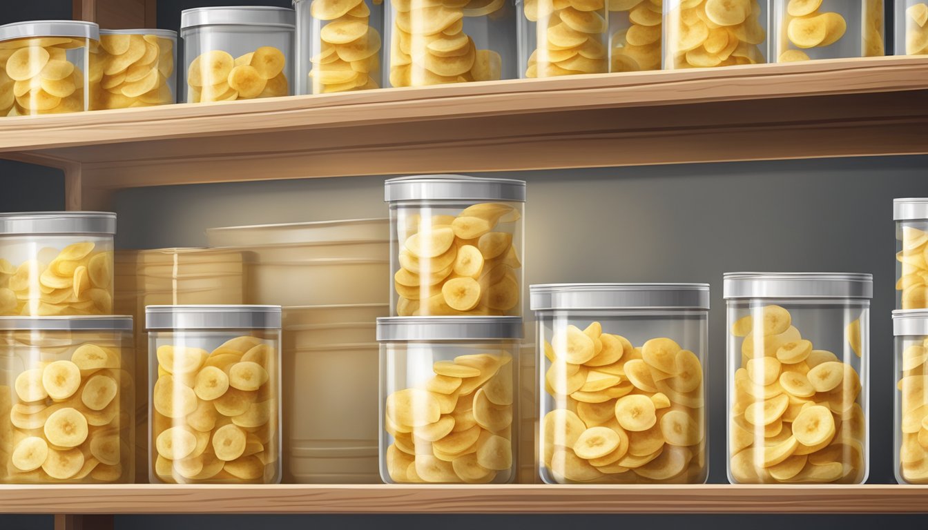 Banana chips in a sealed container on a shelf, away from direct sunlight and moisture