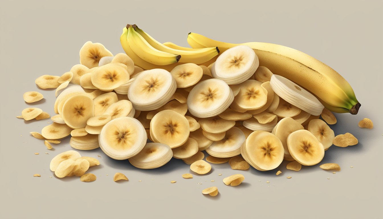 A pile of banana chips with varying degrees of discoloration and mold growth, some in open packaging and others scattered on a surface