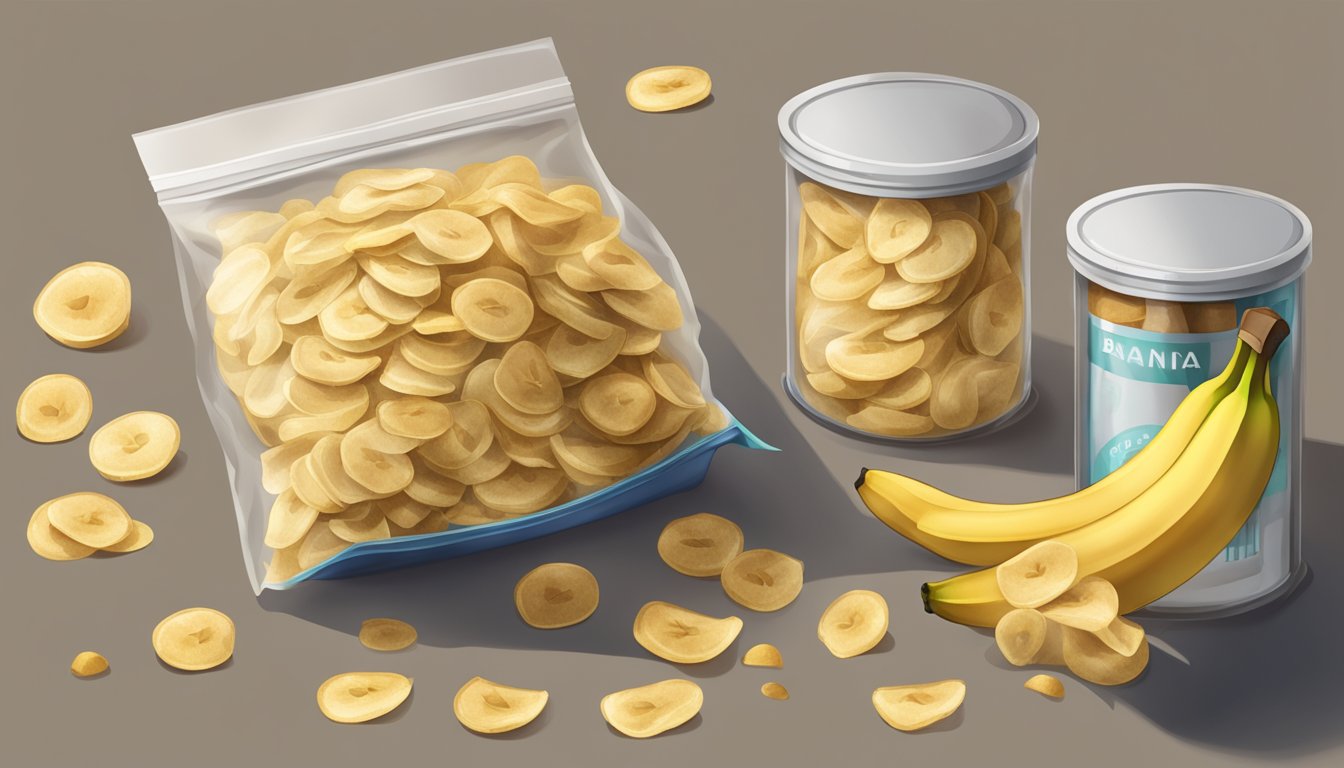 A pile of banana chips on a shelf, some in a sealed bag and others in an open container, with a few chips starting to turn brown and shrivel