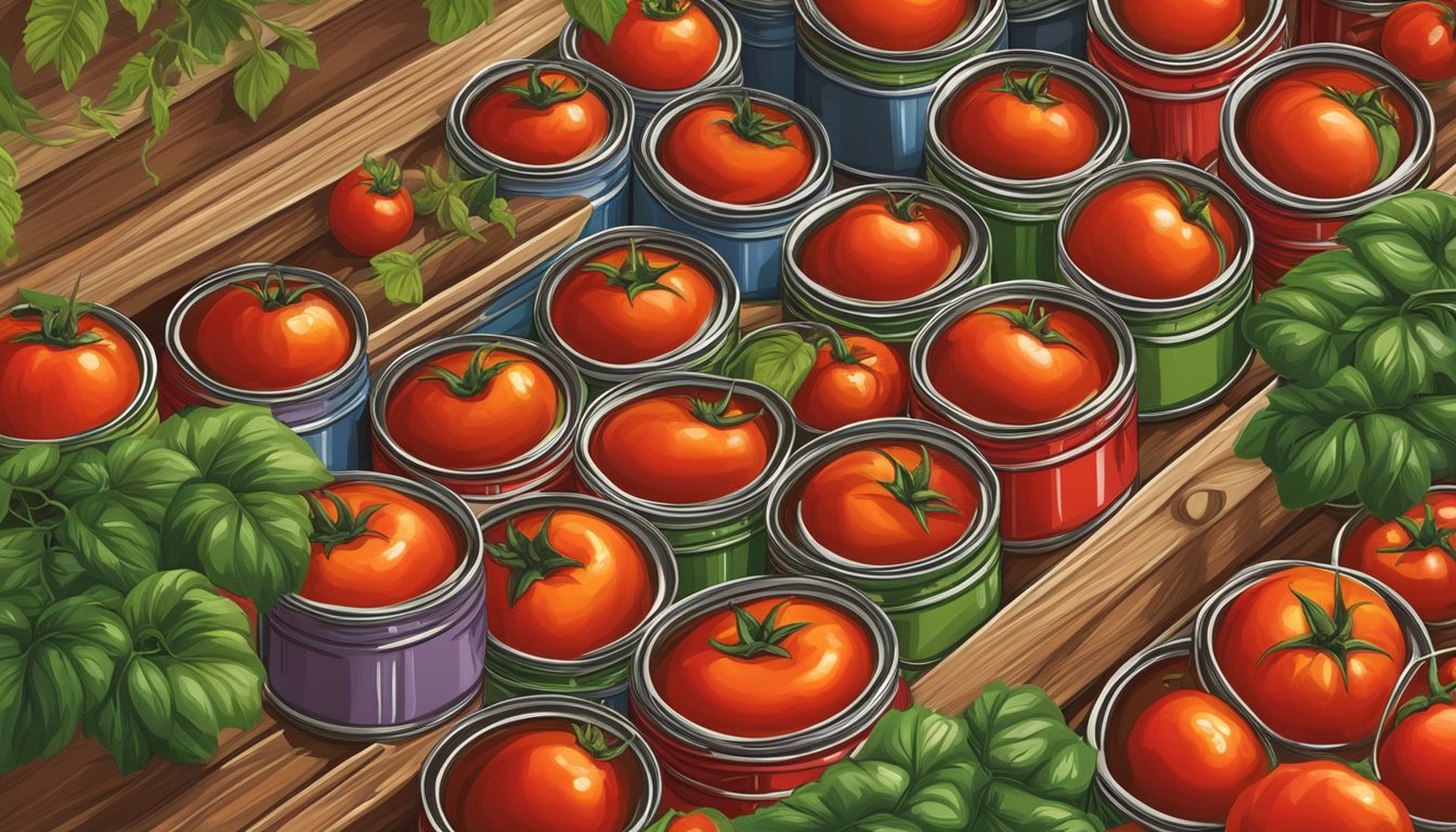 A colorful display of whole canned tomatoes, arranged neatly on a wooden shelf, surrounded by vibrant green leaves and red ripe tomatoes