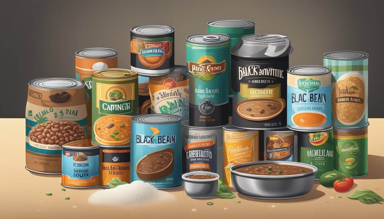 A can of black bean soup sits on a kitchen counter, surrounded by a few other canned goods. A small cloud of dust is visible on top of the can