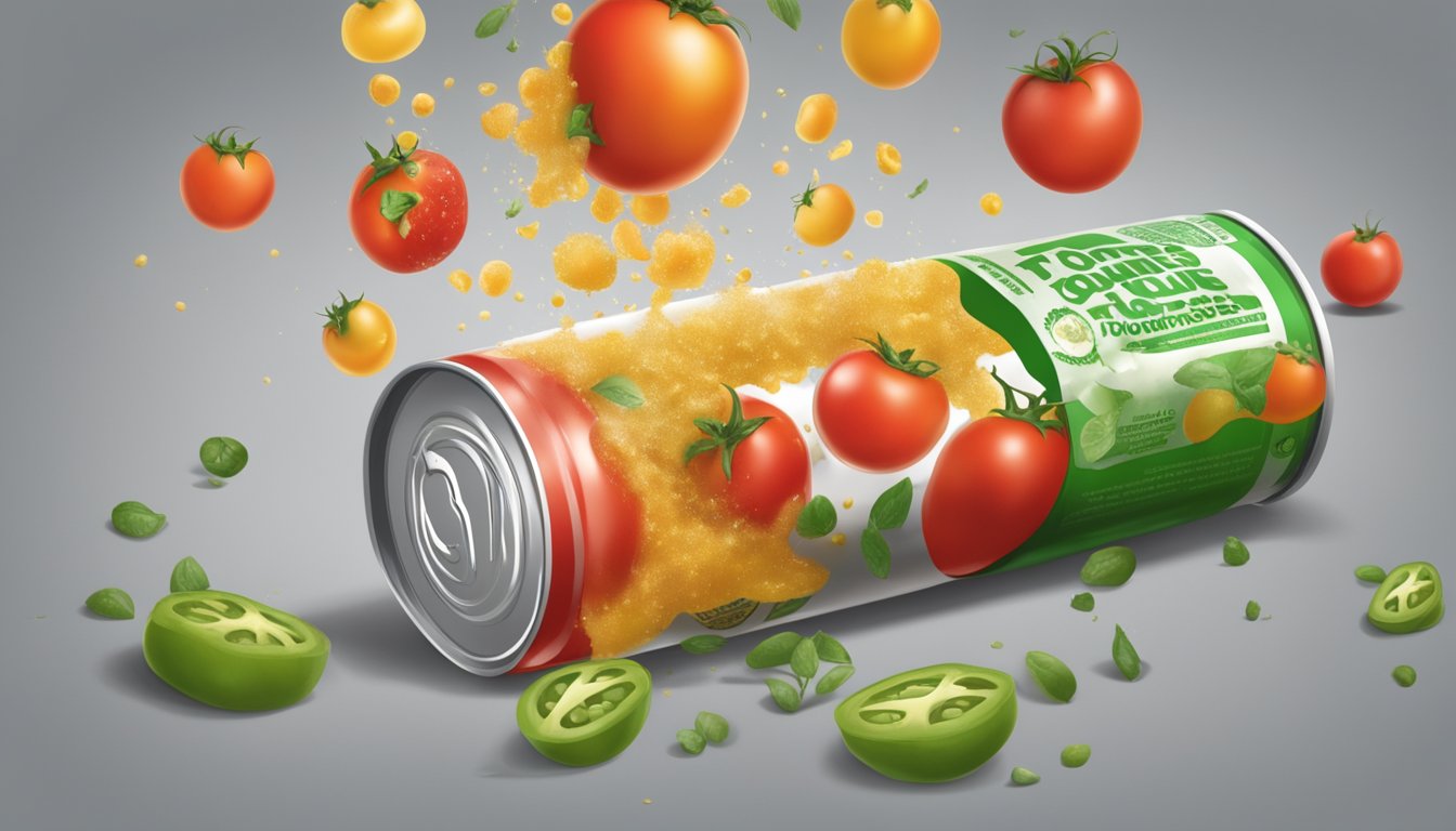 Rotten tomatoes spilling from a damaged can with mold and foul odor