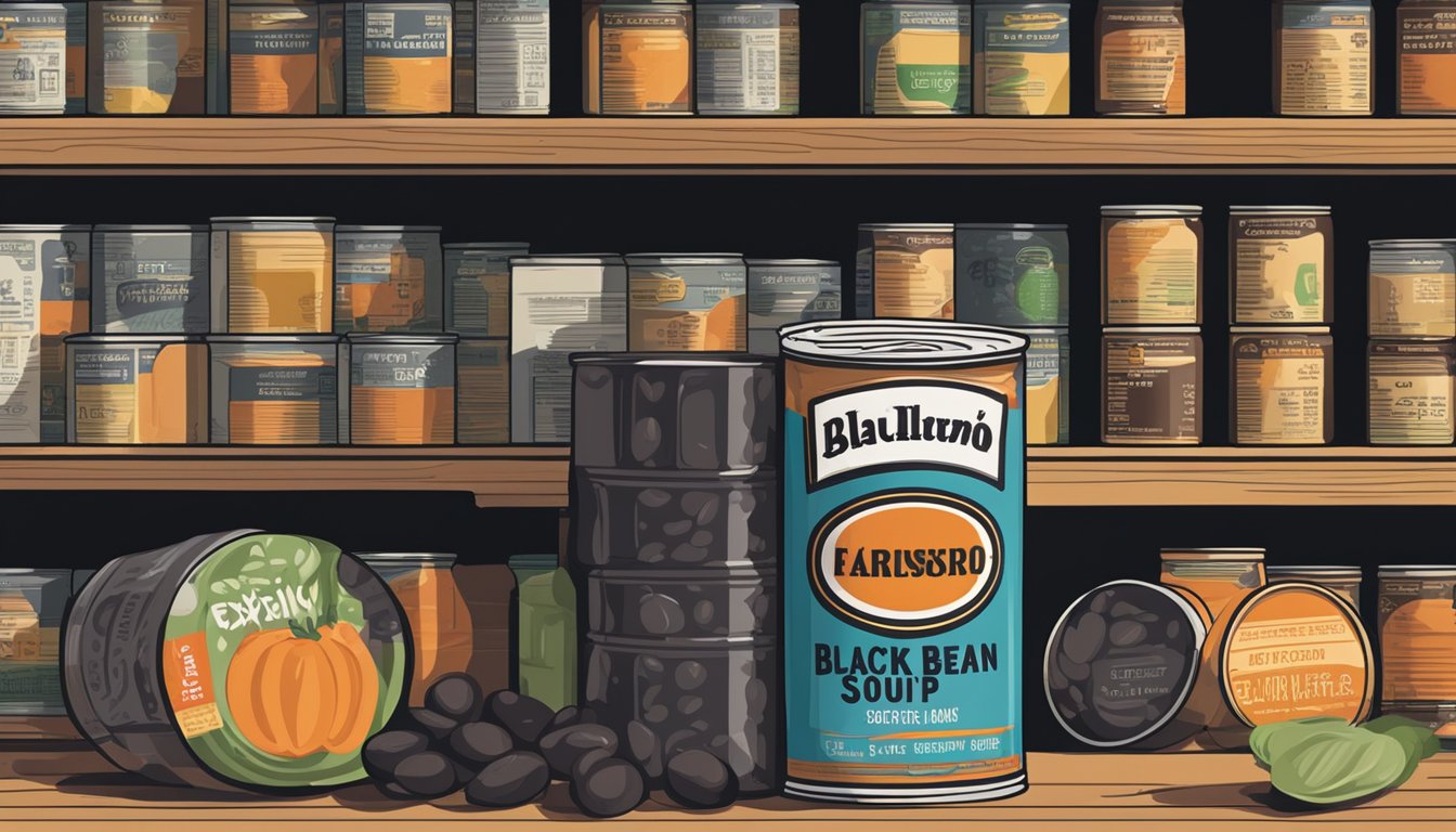 A can of black bean soup sits on a shelf, surrounded by other canned goods. The expiration date is clearly printed on the label