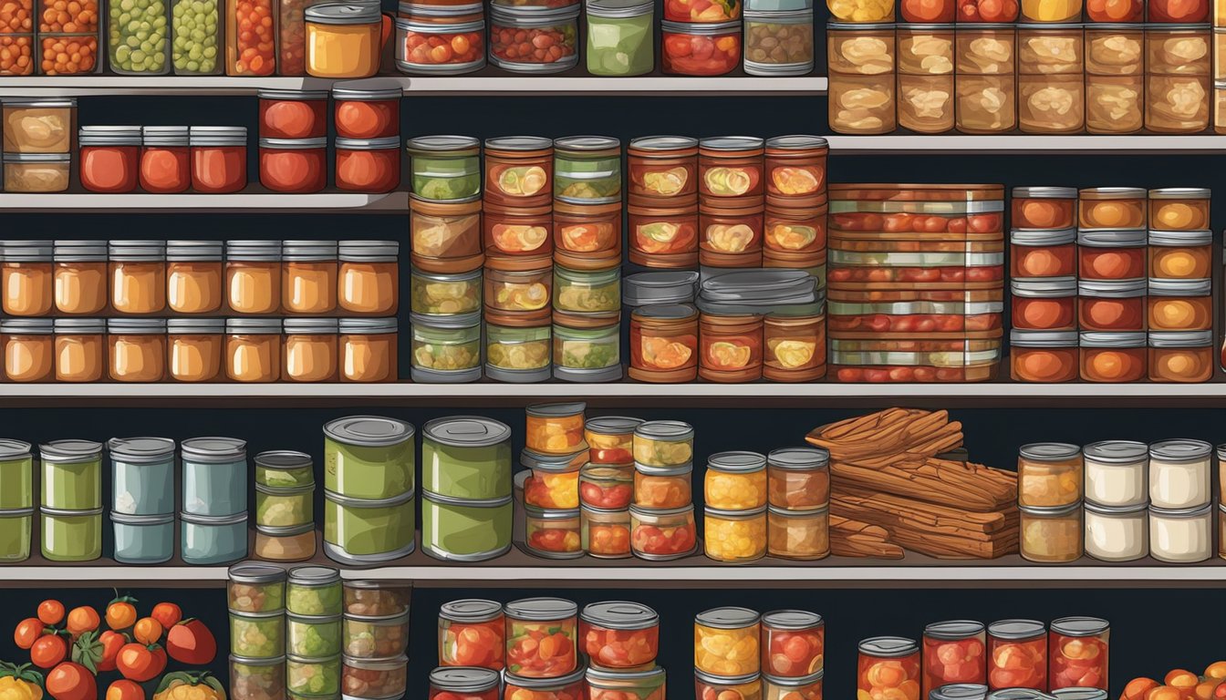 A pantry shelf with neatly stacked whole canned tomatoes, surrounded by other preserved foods