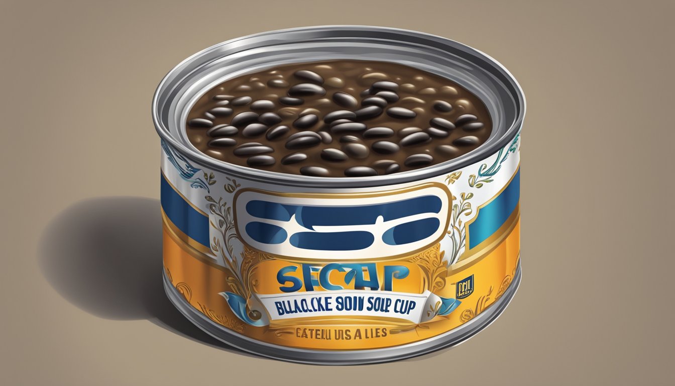 A can of black bean soup with a bulging lid, dented sides, and a foul odor