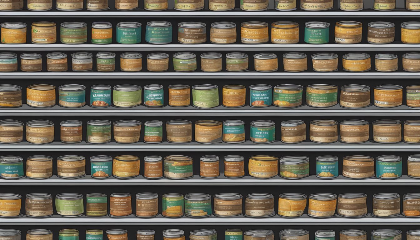 A pantry shelf with rows of canned black bean soup, expiration dates visible