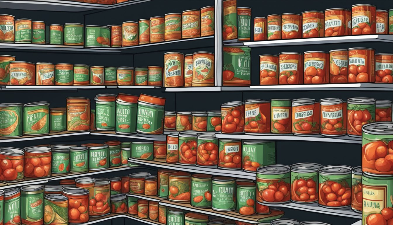 A pile of whole canned tomatoes spilling out of an open pantry shelf, some with dented and rusted cans