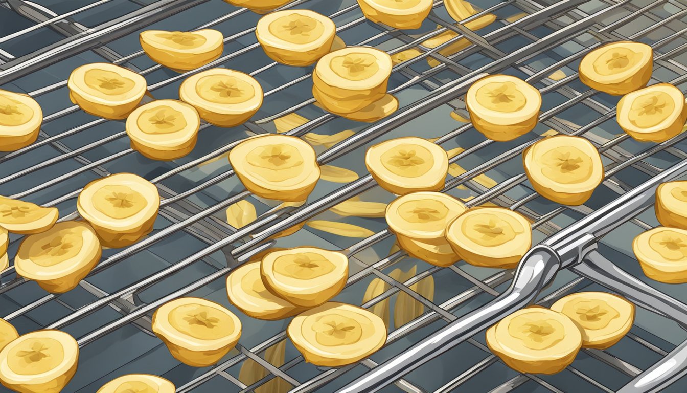 Banana chips being sliced, dipped in syrup, and placed on a drying rack in a warm, well-ventilated room