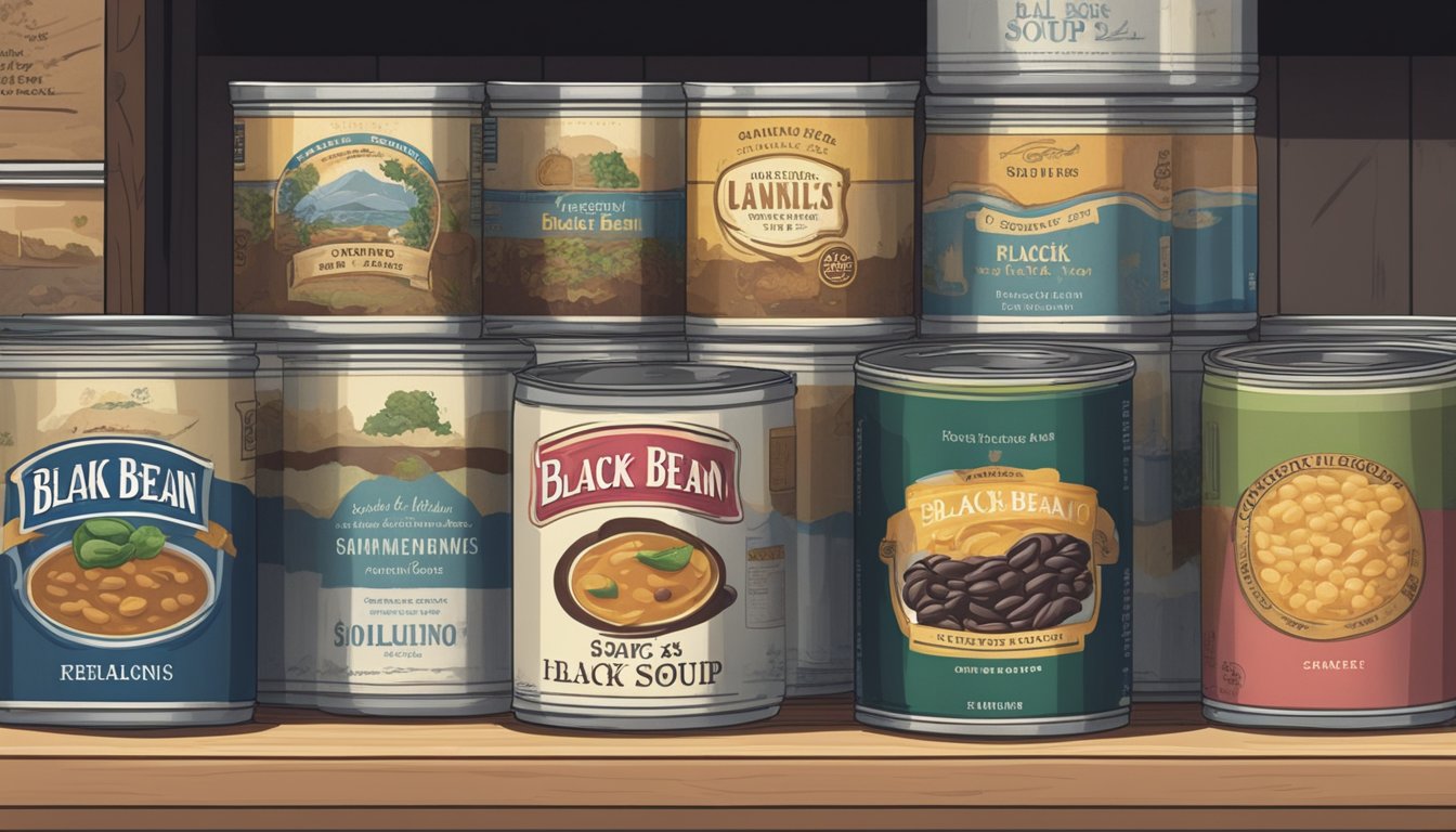 A can of black bean soup sits on a shelf, surrounded by other canned goods. The label is faded, suggesting it has been there for a while